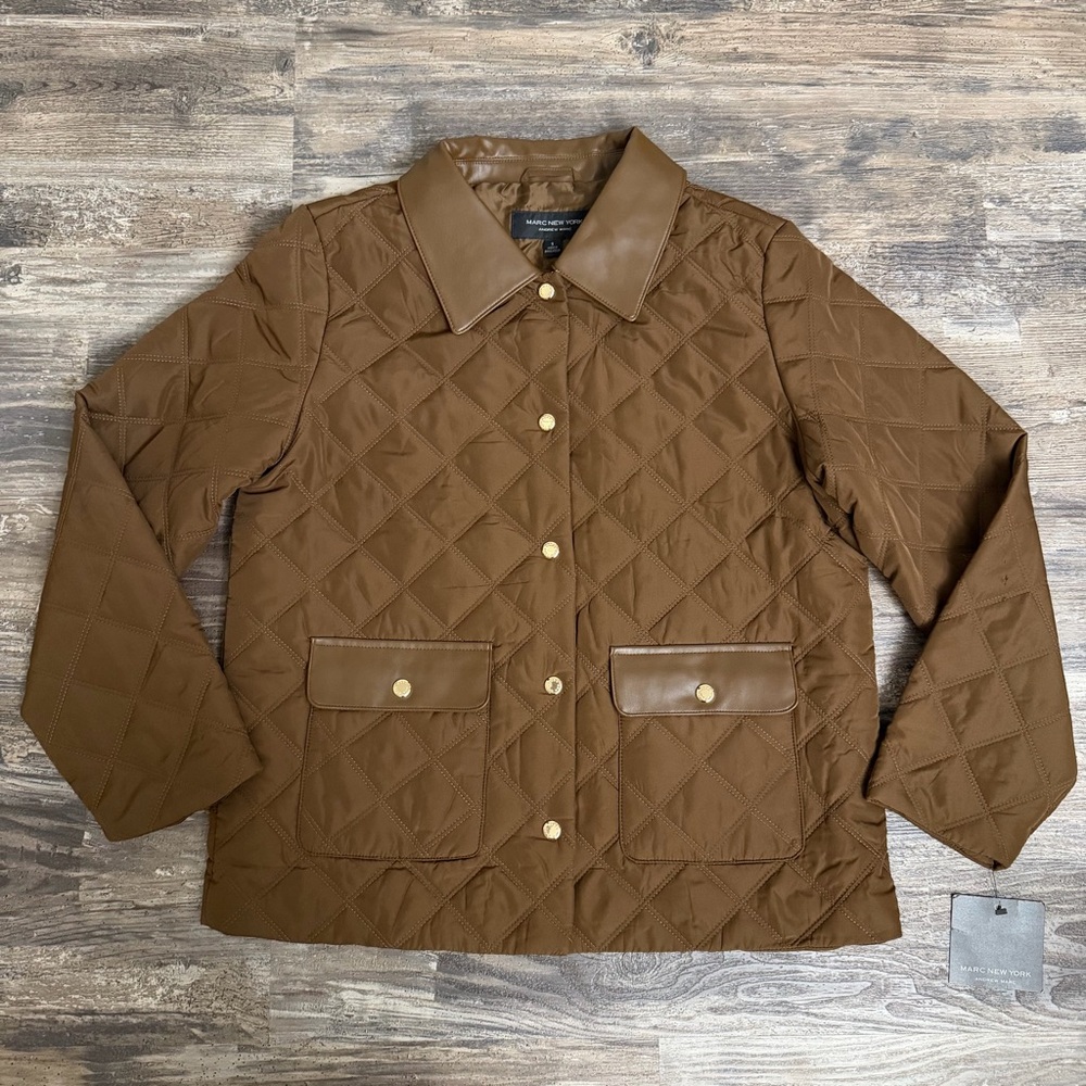 Marc New York Women’s Brown Quilted Lightweight Puffer Jacket Faux Leather Trim